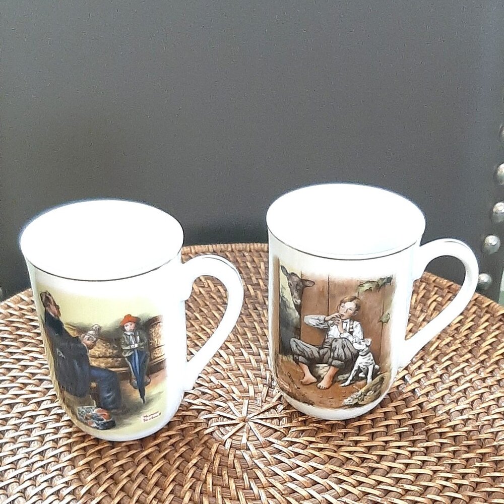 VTG Norman Rockwell 1982 "Lazy Days" and "A Hopeless Case" Collector Coffee Mugs